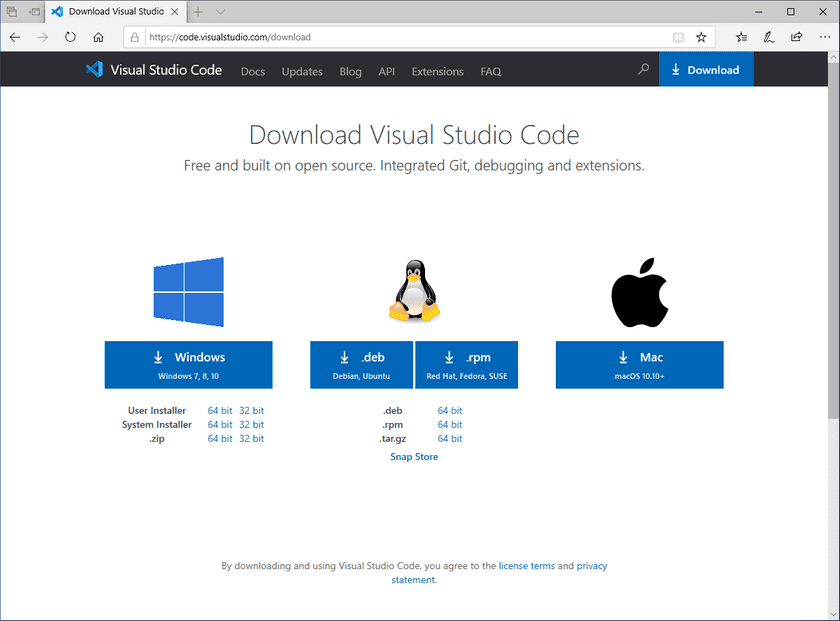 Visual Studio Code 다운로드 페이지