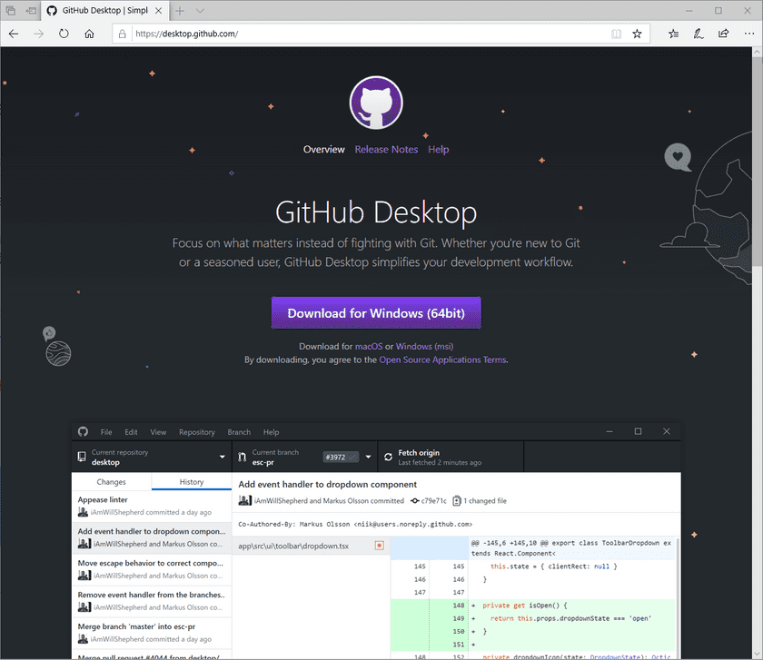 GitHub Desktop 윈도우용 다운로드 페이지